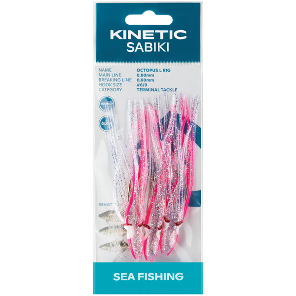 Kinetic Sabiki blæksprutte torsk/sej i pink og glimmer, præsenteret på hvid baggrund.