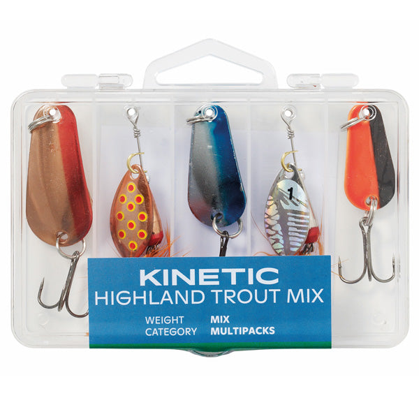Kinetic Highland Trout mix med 5 forskellige farver og designs til fiskeri.