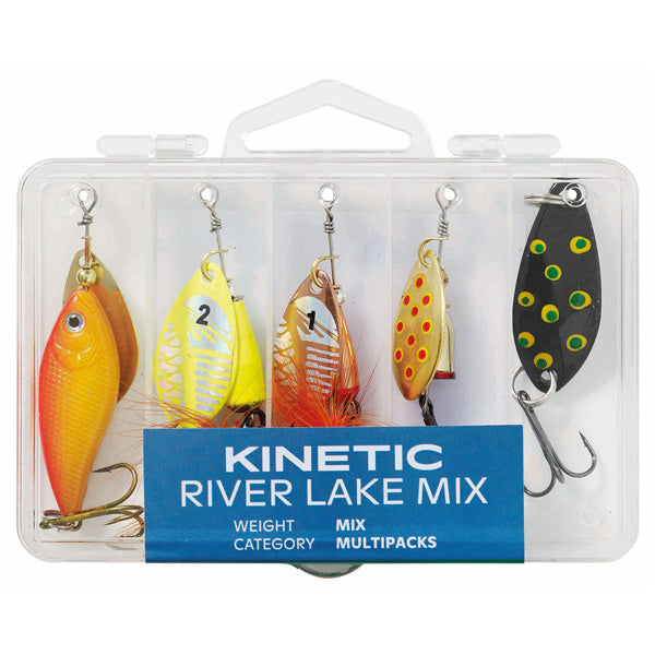 Kinetic River Lake mix med fem farverige blink og kroge til fiskeri.