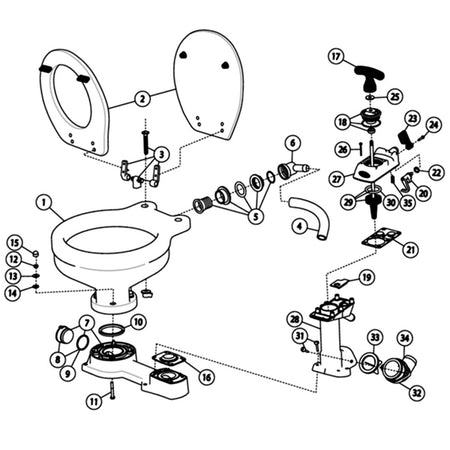 Jabsco toilet monteret, viser twist n lock mekanisme