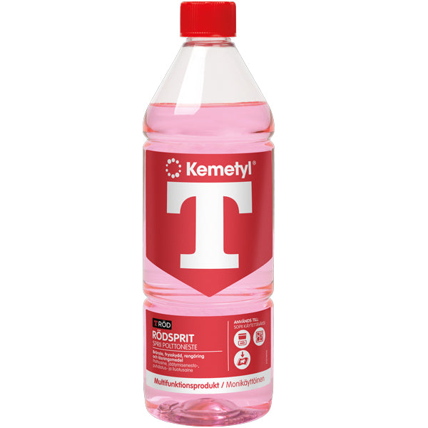 Kemetyl rødsprit brændsel i en 1 liters flaske på hvid baggrund.