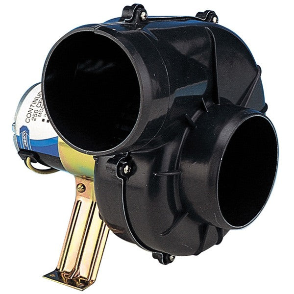 Jabsco motorrumsventilator set fra siden, visende flexmontering og mål
