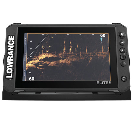 Lowrance Elite FS 7 med 3-i-1 transducer vist fra siden med skærm og kontrolpanel.