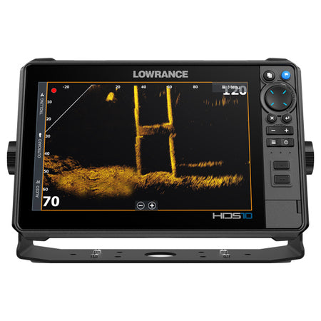 Sidevisning af Lowrance HDS-10 PRO installeret på en båd.