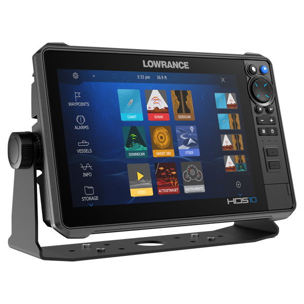 Lowrance HDS-10 PRO kombiinstrument vist forfra med skærm tændt.