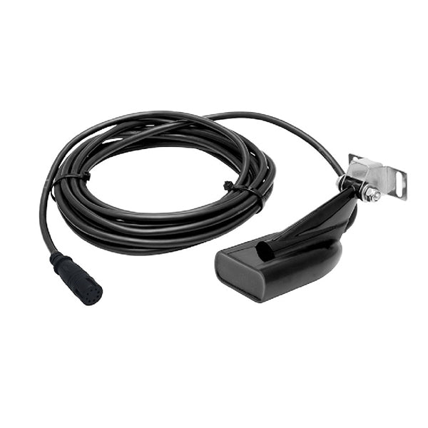 Lowrance Hæktransducer monteret på båd, set fra siden.