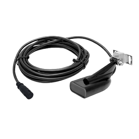 Lowrance Hæktransducer monteret på båd, set fra siden.