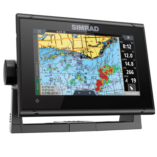 Simrad GO7 XSR kortplotter set fra siden, klar til installation på båd.