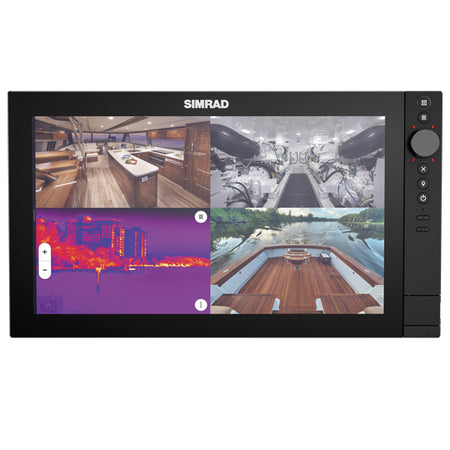 Simrad NSS 4-16 MFD med ekkolodsmodul set fra siden, installeret på båd.