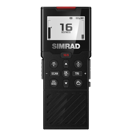 Simrad HS40 trådløst håndsæt i hænderne på en bådsejler