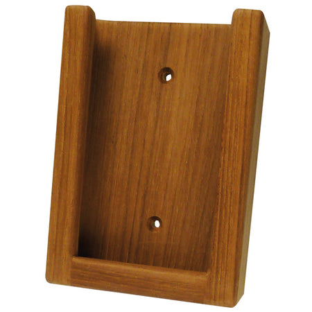 Roca teak iphone/mobilholder set fra siden på et skrivebord