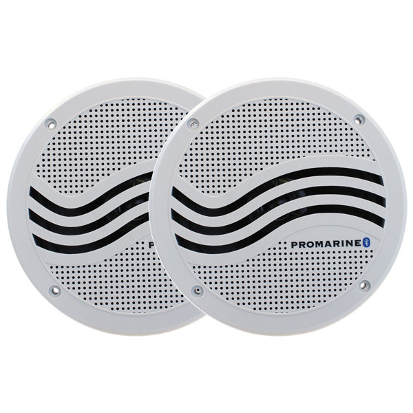 Promarine bluetooth højtaler slave i hvid, set forfra med højttalergrill og kontrolknapper.
