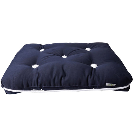 Kapokpude enkelt navy fra 1852, set fra siden med mål 45x37x8 cm