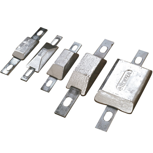Tecnoseal aluanode i størrelsen 1.00 kg, set fra oven med mål 140×82×26 mm.