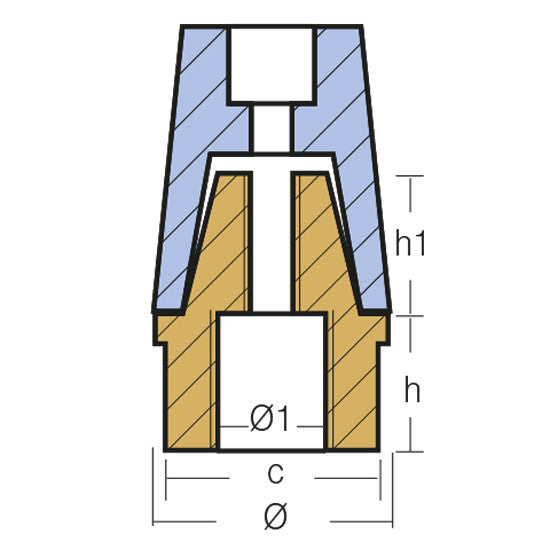Detalje af Tecnoseal zinkmøtrik med 50mm aksel i klinisk belysning.