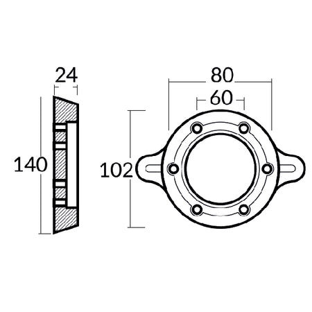 Frontal visning af Tecnoseal zinkanode i rustfrit stål-design