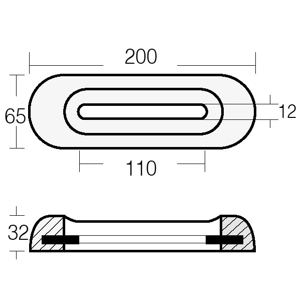 Tecnoseal zinkanode vist fra siden, designet til motorbåde.