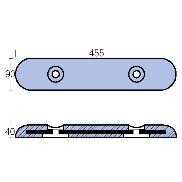 Forfra billede af Tecnoseal zink plade, viser dimensioner og vægt.