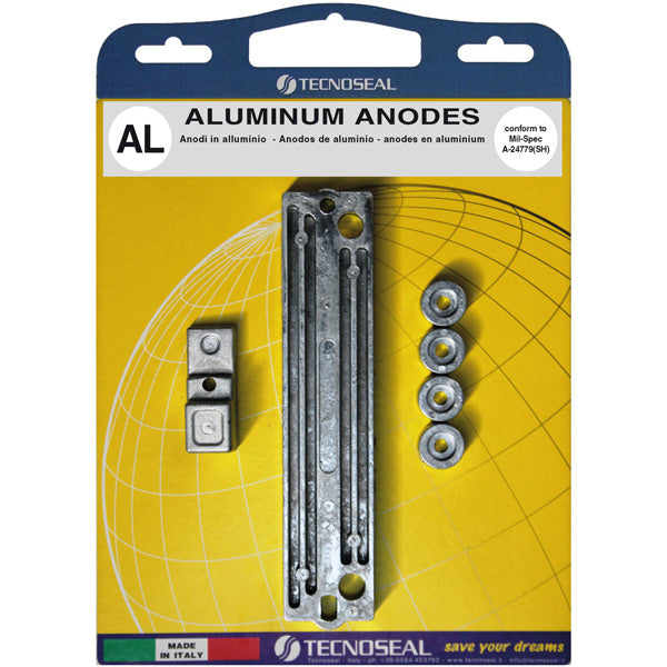 Tecnoseal Alu anode kit til Suzuki motor, synligt med alle komponenter opdelt