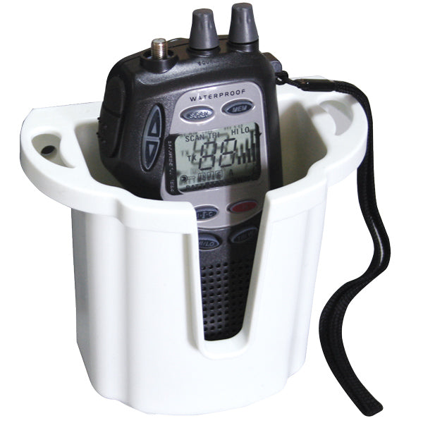 Mobil/VHF holder fra Nuova Rade i hvid farve, set forfra med detaljer og mål