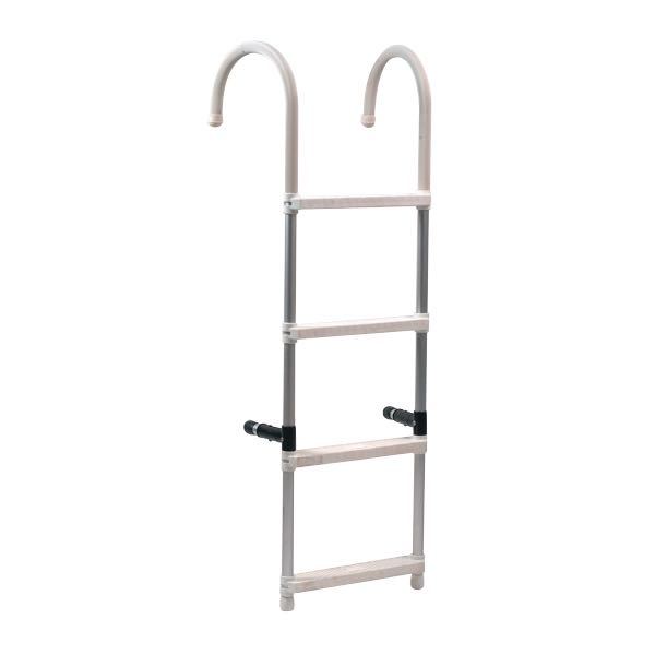 Badestige med bøjle og fire trin, set forfra med detaljer i aluminium.