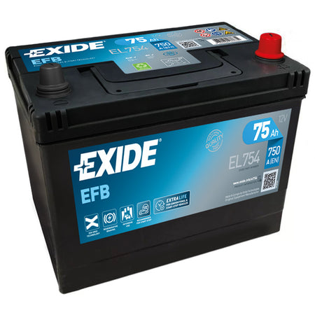Exide batteri 75ah Dual EFB set forfra med modsat polstilling
