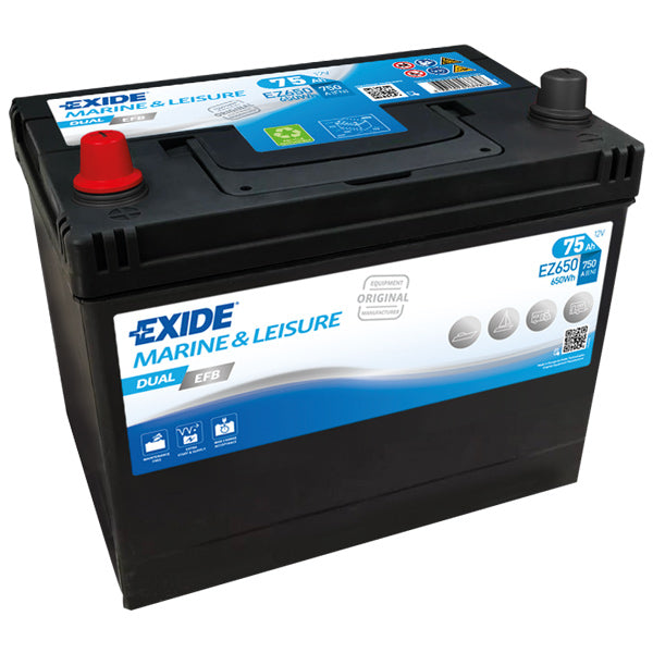 Exide batteri 75ah set forfra, klar til montering på båd