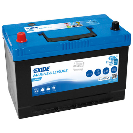 Exide Nautilus 95Ah batteri set fra siden med mål og specifikationer