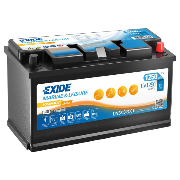 Exide EV1250 lithium batteri set oprejst, med tydelig mærkning og tilslutninger.