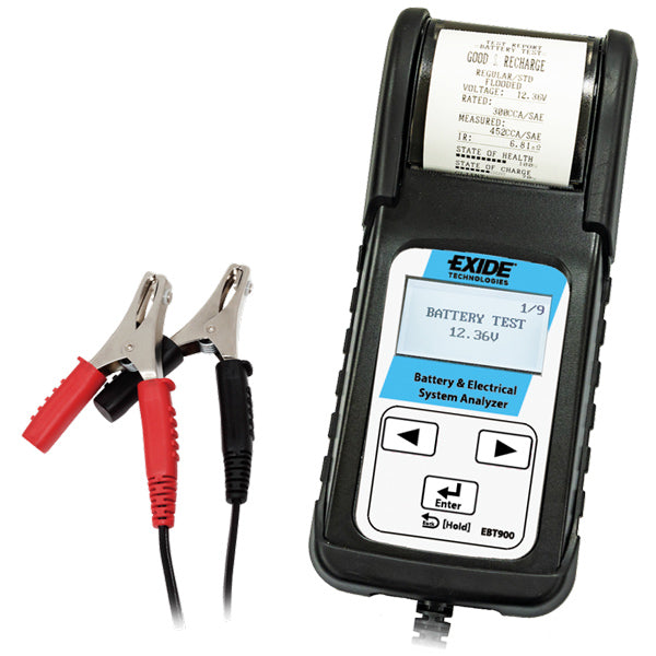 Exide batteritester EBT900 til 12V og 24V batterier, set forfra.