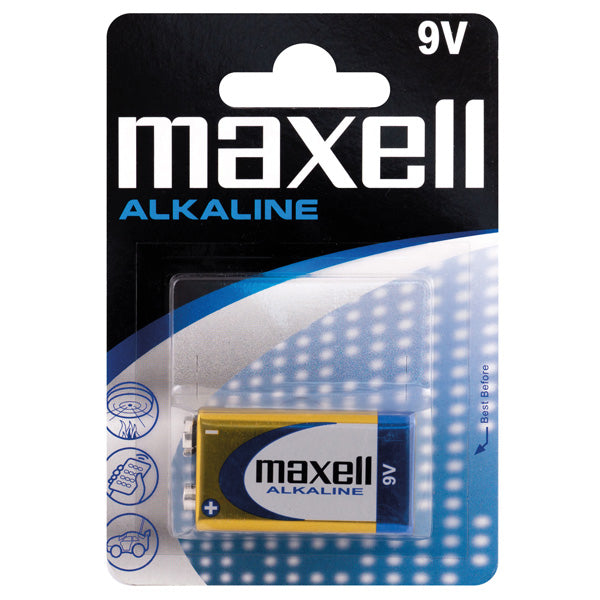 Maxell Alkaline 9V batteri set mod hvid baggrund, klar til brug