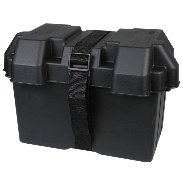 Sort batteriboks fra SeaTec, 34x26x22 cm, til bådudstyr.