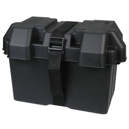 Sort batteriboks fra SeaTec, 34x26x22 cm, til bådudstyr.