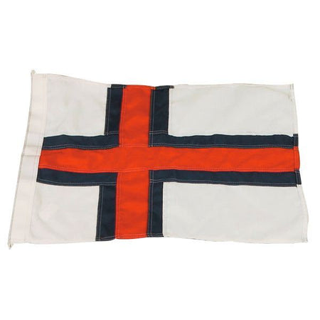 Flag færøerne fra 1852, syet og farverigt, blafrende på en båd