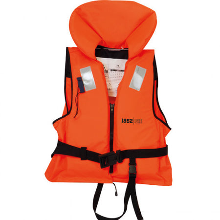 Redningsvest 1852 i orange, vist fremme med justerbare spænder.