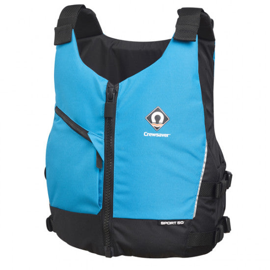 Crewsaver Sport 50N flydevest i blå set forfra, med justerbare stropper.
