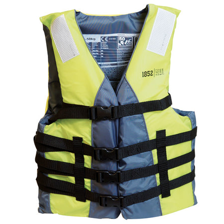 Bagview af 1852 vandsportsvest i sort/lime, der viser justerbare stropper