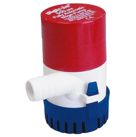 Rule 500 gph 24V dykpumpe set forfra, inklusive tilslutninger og mærkat.