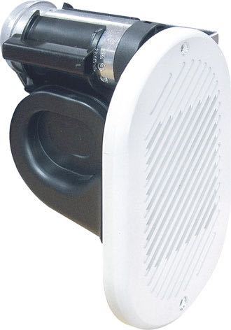 Marco 24V horn i hvid farve, monteret på bådens dæk.