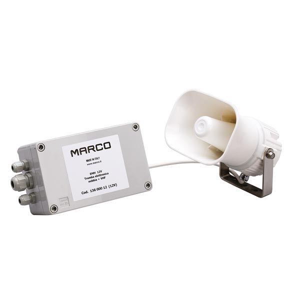 Marco elektronisk horn i 24V, set fra siden med monteringspunkter.