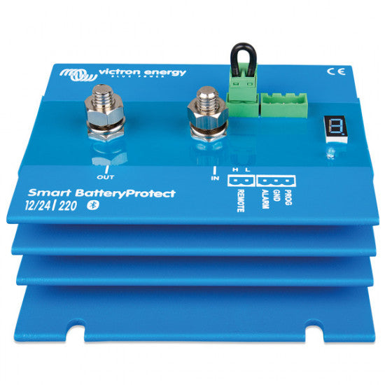 Victron Smart batteri protect monteret med tilslutninger og indikatorlys.