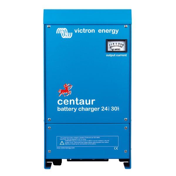 Victron Centaur lader 24V 40Amp set fra siden med tilslutningskabler.