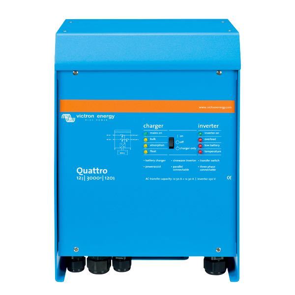 Victron inverter/lader quattro set fra siden med mål og specifikationer