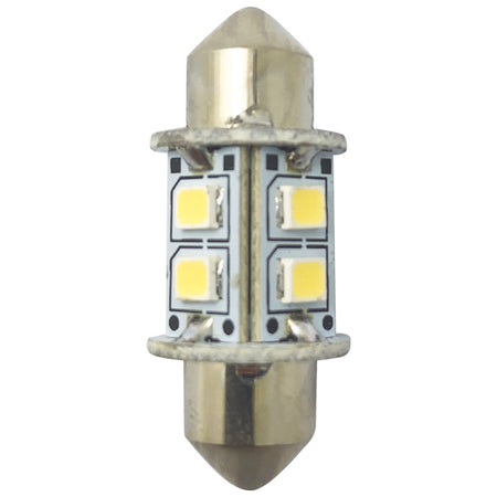 1852 LED pinolpære 31mm set forfra, med 6000K lysfarve til maritim brug.
