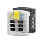 Blue Sea Systems sikringsholder med seks 30 A sikringer set forfra