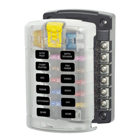 Blue Sea Systems sikringsholder set forfra med 12 pladser.