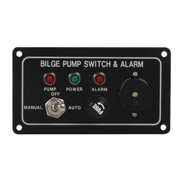 SeaTec pumpepanel med akustisk alarm set forfra, til brug på båd.