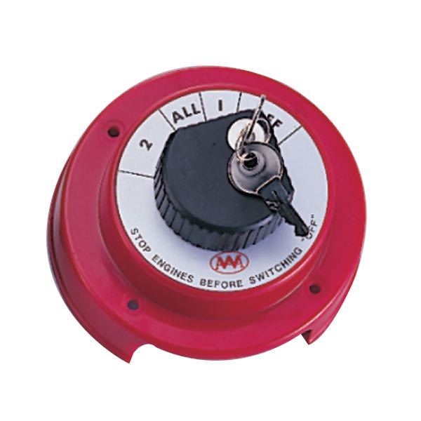 SeaTec batteriomskifter på en båd, set fra siden med låsemekanisme