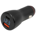1852 quick oplader med USB A og C, set fra forsiden med voltmeter.