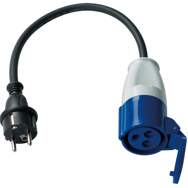 1852 CEE 220V hun til almindelig han 230 V kabel set fra siden med stikkene synlige.